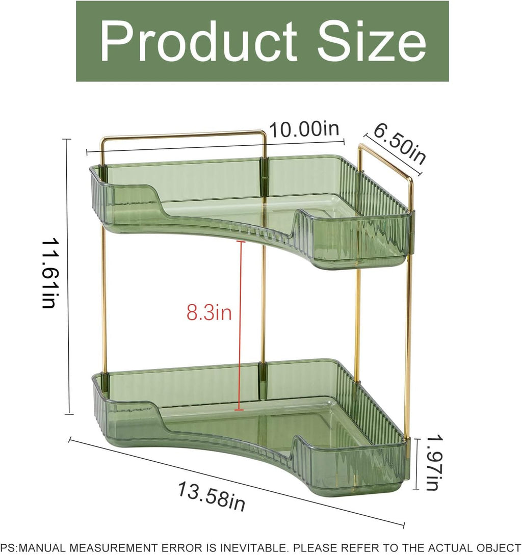 Corner Bathroom Countertop Organizer, Vanity Trays for Counter, Makeup Organizers, Perfume Tray, Kitchen Spice Rack, (Green, 2 Tiers)