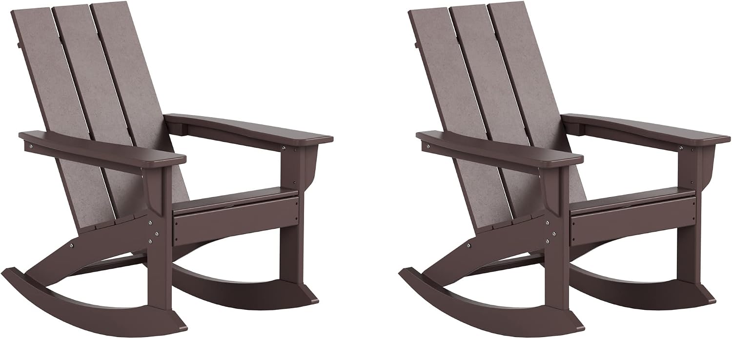 WestinTrends Ashore Patio Rocking Chairs Set of 2, All Weather Poly Lumber Plank Adirondack Rocker Chair, Modern Farmhouse Outdoor Rocking Chairs for Porch Garden Backyard and Indoor, Dark Brown