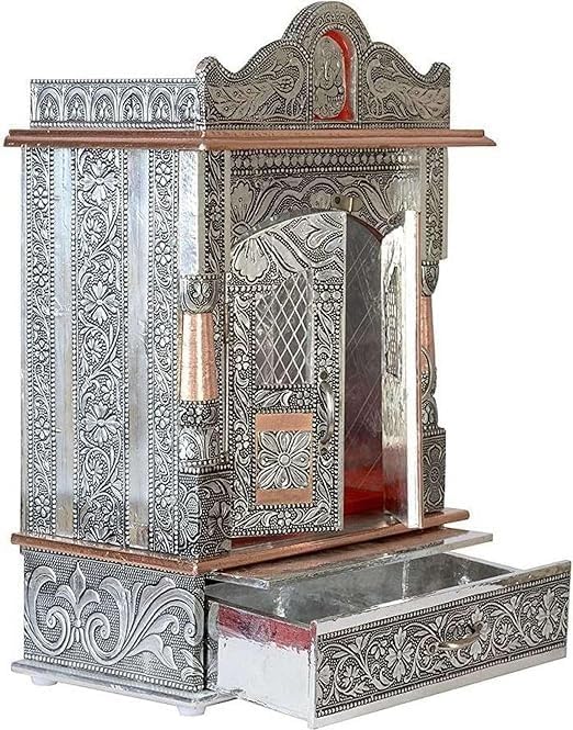 Oxidized Metal Pooja Mandir with Doors and Drawer, Silver, Ganesha Embossed, ...