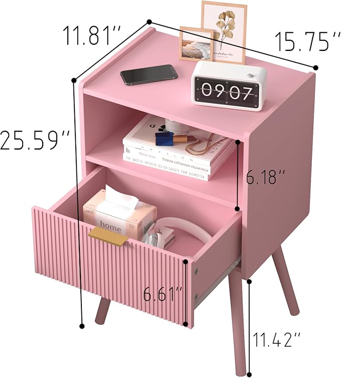 Nightstand,Modern Bedside Table with Storage Drawer and Open Wood Shelf, for ...