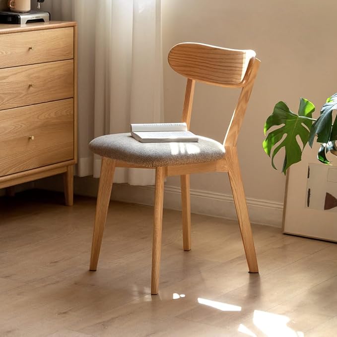 100% Solid Oak Dining Chairs, Mid Century Modern Dining Chair with Curved Backrest, Fabric Upholstered Dining Chairs for Kitchen, Study, Living Room (1, Original Wood-Gray Cushion)