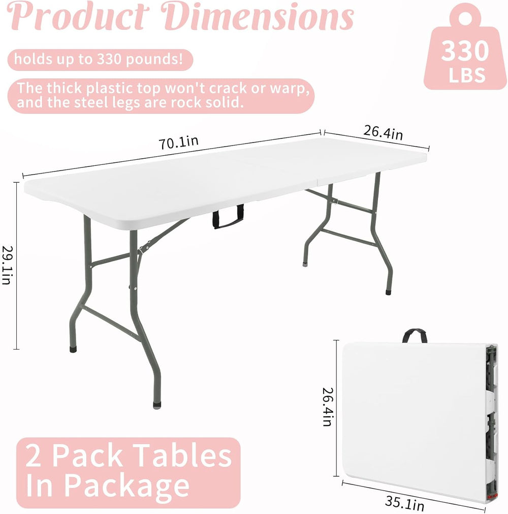 Fivenl 2 Pack 6 Feet Portable Folding Table White, Steel Legs Fold-in-Half wi...