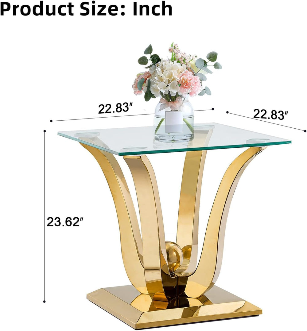 Modern Glass End Table Square Gold Living Room Table Sofa Side Table with 0.4...
