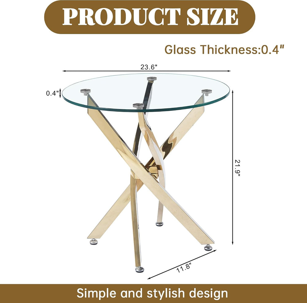 Round Glass End Table with Clear Tempered Glass Top & Cross Stainless Ste...