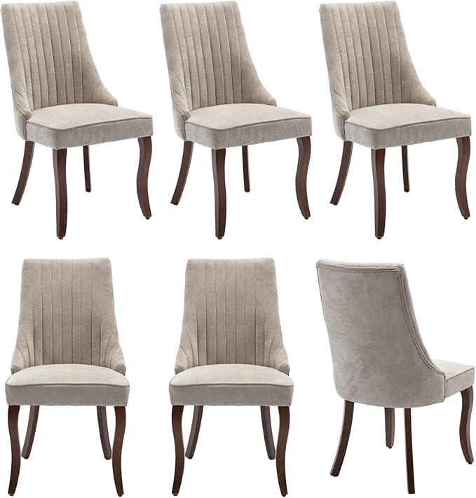 Dining Chairs Set of 6,Comfy Fabric Upholstered Accent Chairs for Kitchen Living Room,Channel Tufted Dining Room Chairs with Curved Solid Wood Legs(Beige)