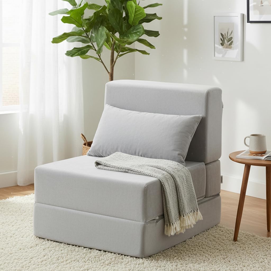 Folding Sofa Bed, Convertible Sleeper Chair, No Assembly (Gray) | Boneless Sofa Couch, Foldable Mattress & Back Support, Portable Floor Lounger Futon for Small Apartment, Dorm, Guest Room