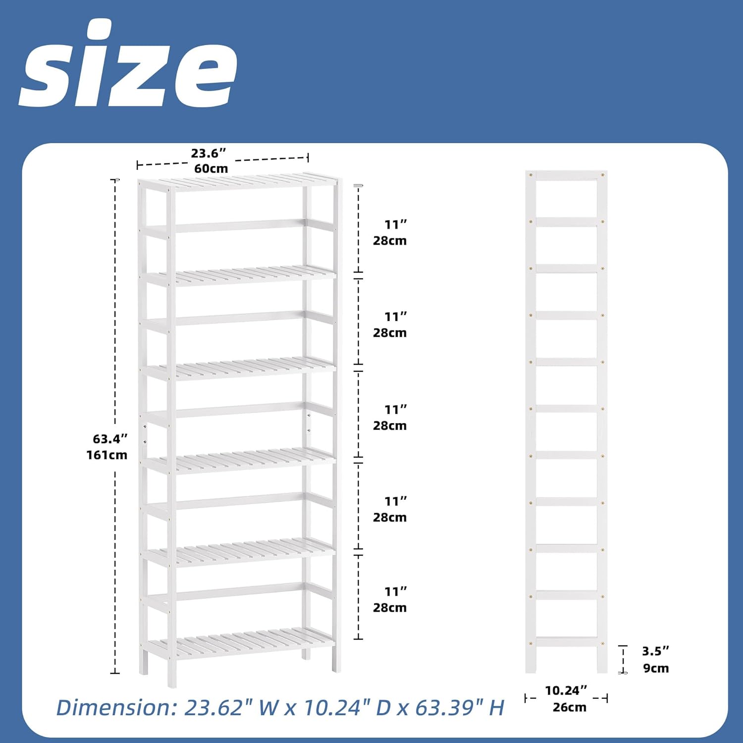 HITNET Bookshelf, 6-Tier Tall Bookcase Freestanding Bamboo Book Shelf Bathroom Storage Organizer with Adjustable Shelves, White