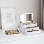 Meangood Jewelry Box Organizer for Women, 3 Layer Large Jewelry Storage Case, Rustic Wooden Jewelry Box with Mirror & Ring Tray for Necklace Earring Bracelets Rings, Vintage Style (White)