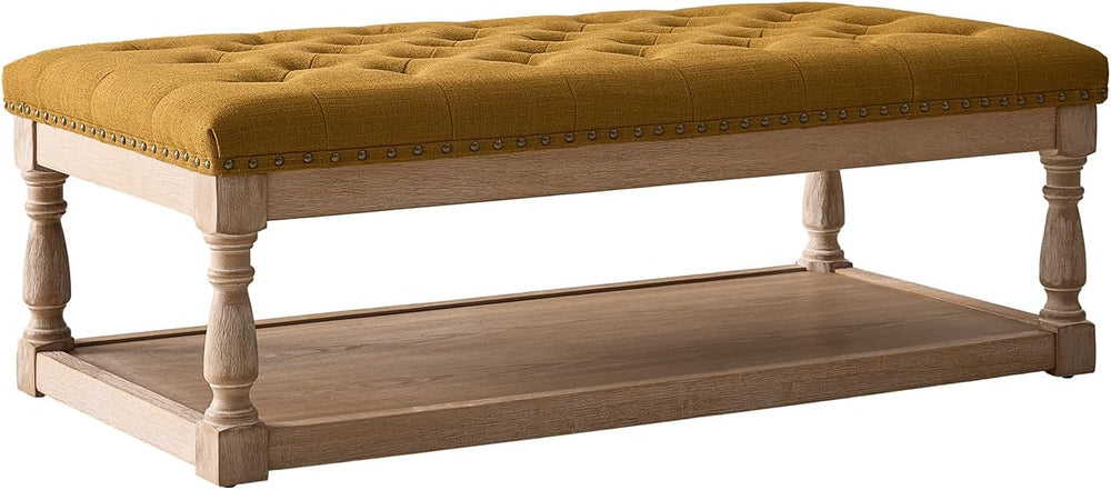 HULALA HOME Storage Tufted Ottoman Coffee Table with Solid Wood Legs, Golden