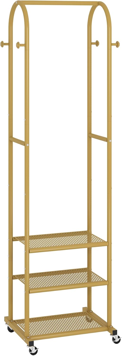 Heavy Duty Clothing Rack with Wheels,Modern Garment Rack with 3 Metal Shelves, 71.8Inches Display Rack for Hanging Clothes, Hanging Rod for Small Space,Gold