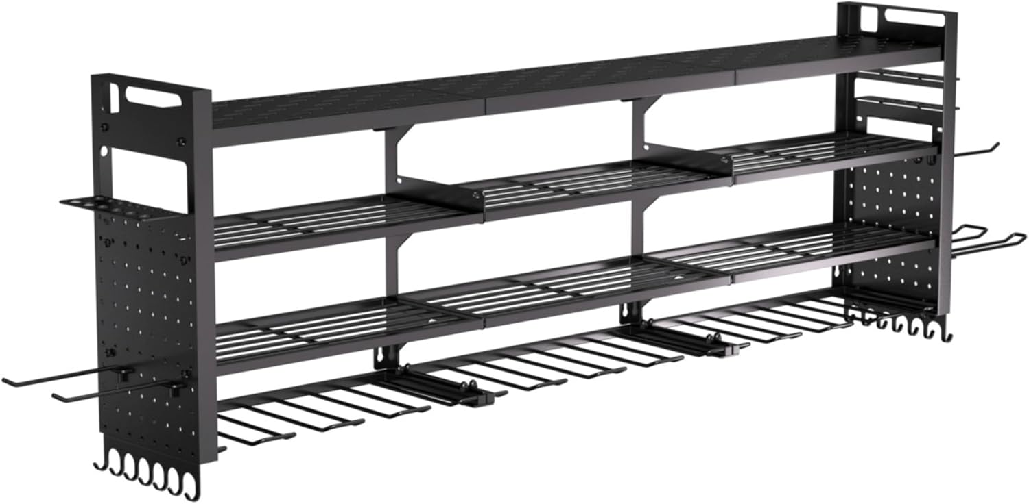 49" W Super Large Power Tool Organizer Wall Mount,Heavy Duty Cordless Tool Organizer with 14 Drill Holder,450 Lbs Capacity 4-Layer Garage Organization for Garage and Workshop (Black)