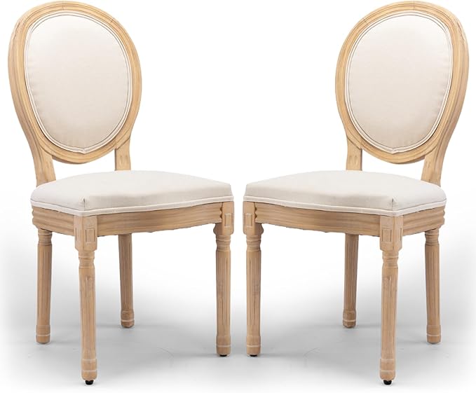 Upholstered Dining Chairs Set of 2 French Country Oval Fabric Back Kitchen Side Chair with Wood Legs for Dining Room, Kitchen, Restaurant(Beige-Fabric)