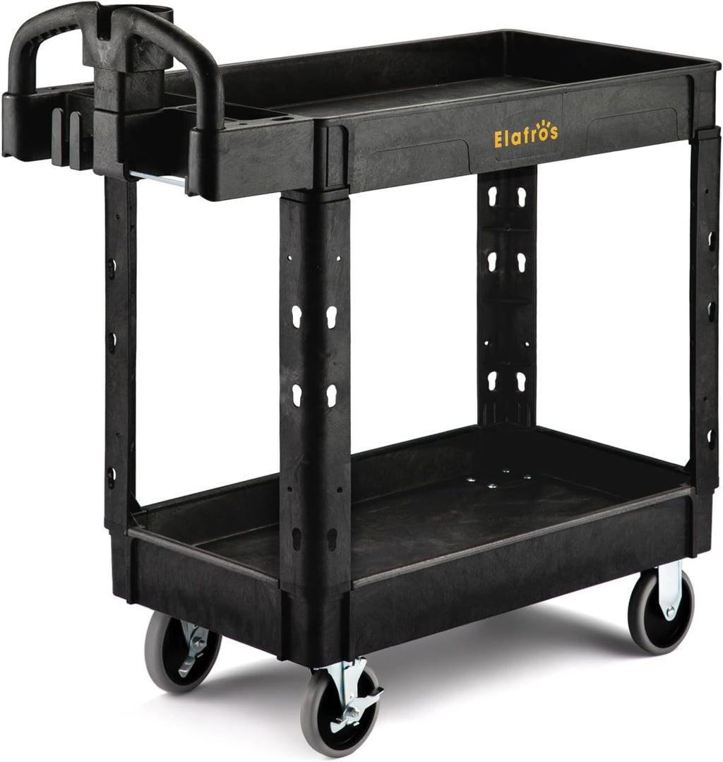 ELAFROS Utility Cart with Ergonomic Handle and Built-in Tool Compartments - 37.5" x 17" Work Cart W/Deep Shelves Safely Holds up to 550 lbs - 2 Tier Rolling Cart,Black