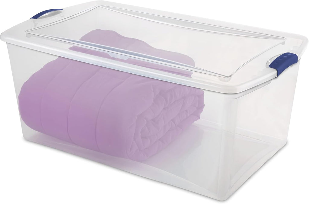 2-Pack 105 Quart Heavy Duty Plastic Storage Bins, Stackable Containers with Clear Lids & Blue Latches for Bedding, Clothing, Holiday Decor - Ideal for Garage & Closet