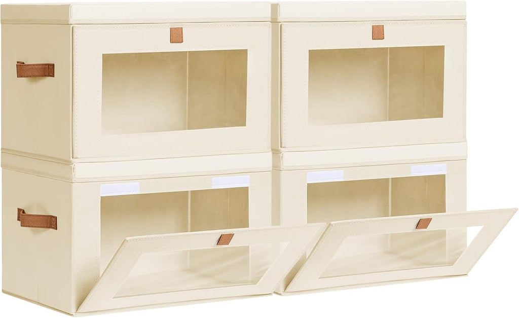 Collapsible Storage Bins - Large Closet Organizer with Handles & Window, Decorative Storage Boxes, Fabric Containers for Living Room, Dorm, 4 Pack, Beige