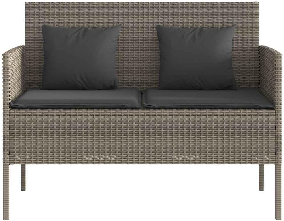 Gray Poly Rattan Patio Storage Bench with Cushions, PE Rattan Outdoor Seating...