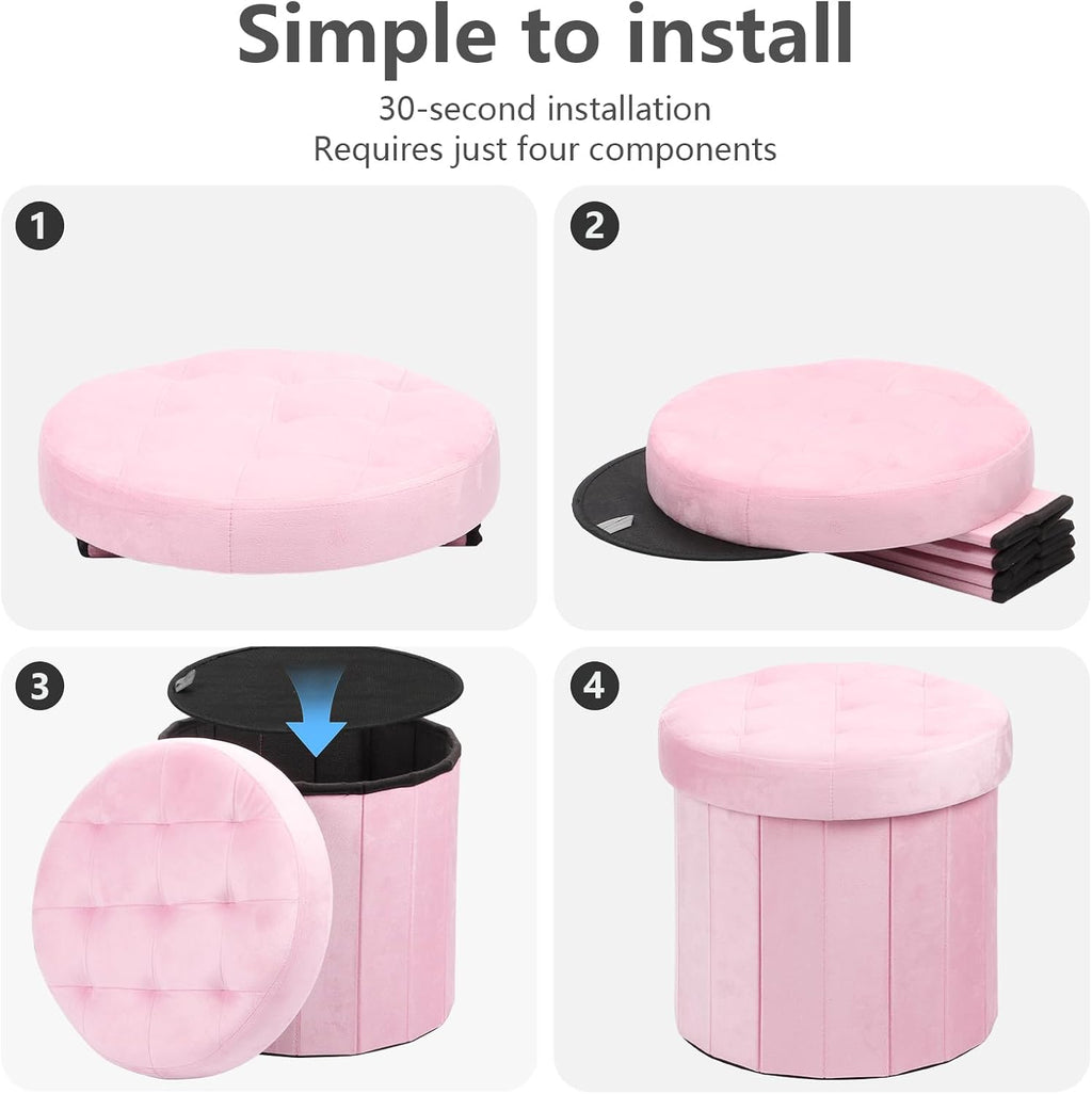 AmasSmile Round Storage Ottoman,14" Folding Velvet Foot Stool,Pink 2 Pack | Ottoman Storage Foot Stool, Petite and Soft Velvet, Thick Foam Cushion, Suitable for Living Room, Bedroom,Dorm,14x13x13in