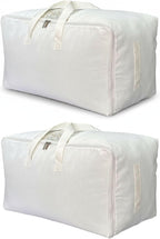 Soft Canvas Clothes Storage Bags with Four Carrying Handles and Clear Window, Closet Organizer for Clothing, Blankets Sheets Pillows and Bedding, 55L, 2 Pack, White