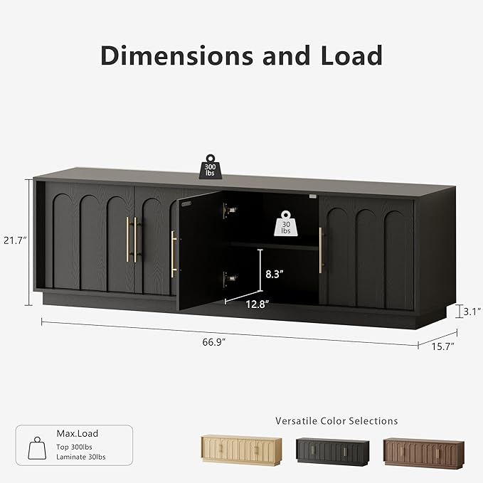 TV Stand for 75 Inch TV, 67" Entertainment Center with Arched Design, Minimalist Media Console with Adjustable Shelves, Modern TV Stand for Living Room Bedroom, Black