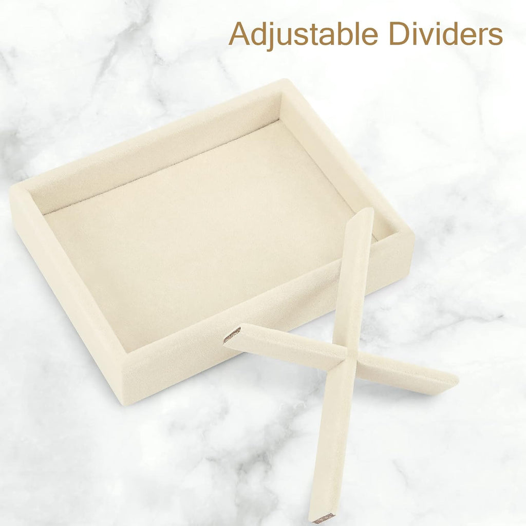 DesignSter Small Jewelry Tray-Ring Organizer 2PCS Premium Velvet Rings Earrings Display Tray Storage Insert Holder for Jewelry Box, Drawer, Dresser (4 Grids, Beige)