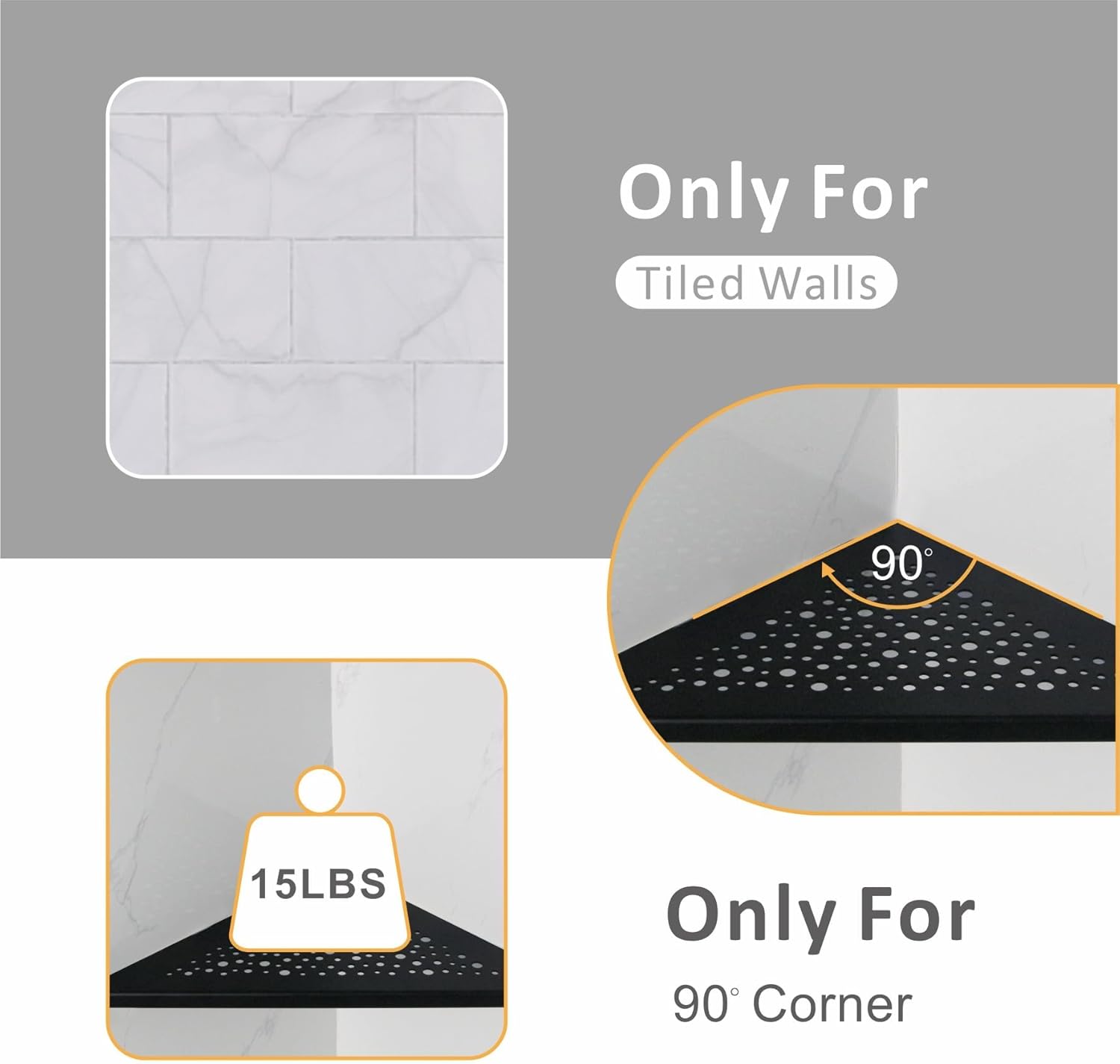 Black 10’’ Corner Shower Shelf 2 Pack, Triangular Shower Corner Shelves 304 Stainless Steel Bathroom Shower Shelf for Tiled Wall, No Drilling Needed Matte Black