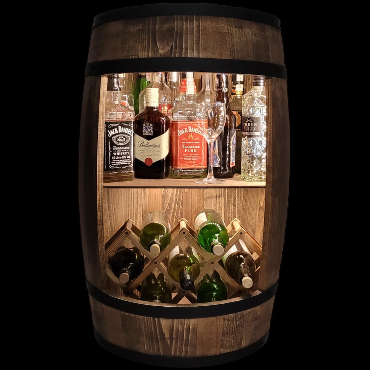Fassbar L.E.D. with Wine Holder Wine Rack - Wooden Barrel Home Bar 80 cm Rustic Decorative Bar Cabinet Wine Stand - Barrel Beer Wine Bottle Stand - Bar Whisky Gift (Dark Brown)
