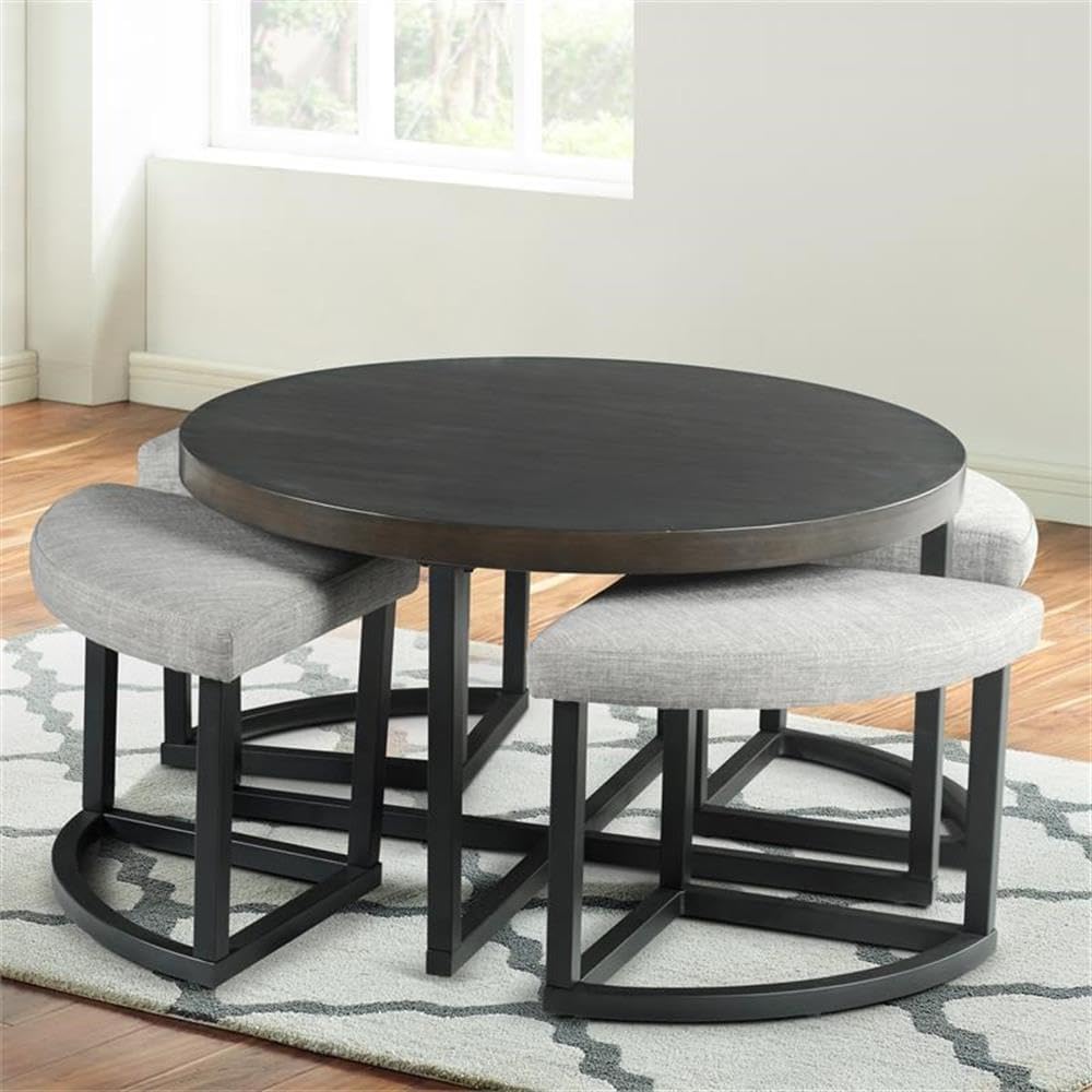 Pemberly Row Transitional Coffee Table Set, Round Table with Black Metal Base...