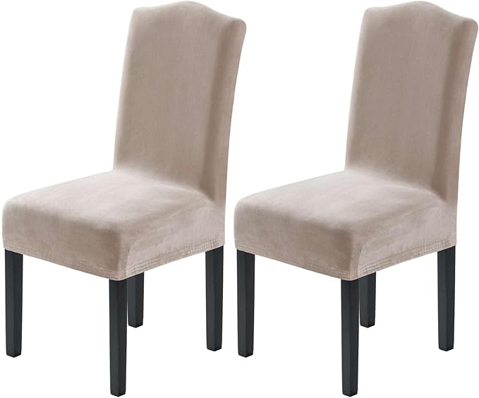 H.VERSAILTEX Velvet Dining Chair Covers Stretch Chair Covers for Dining Room Set of 2 Parson Chair Slipcovers Chair Protectors Covers Dining, Soft Thick Solid Velvet Fabric Washable, Oatmeal