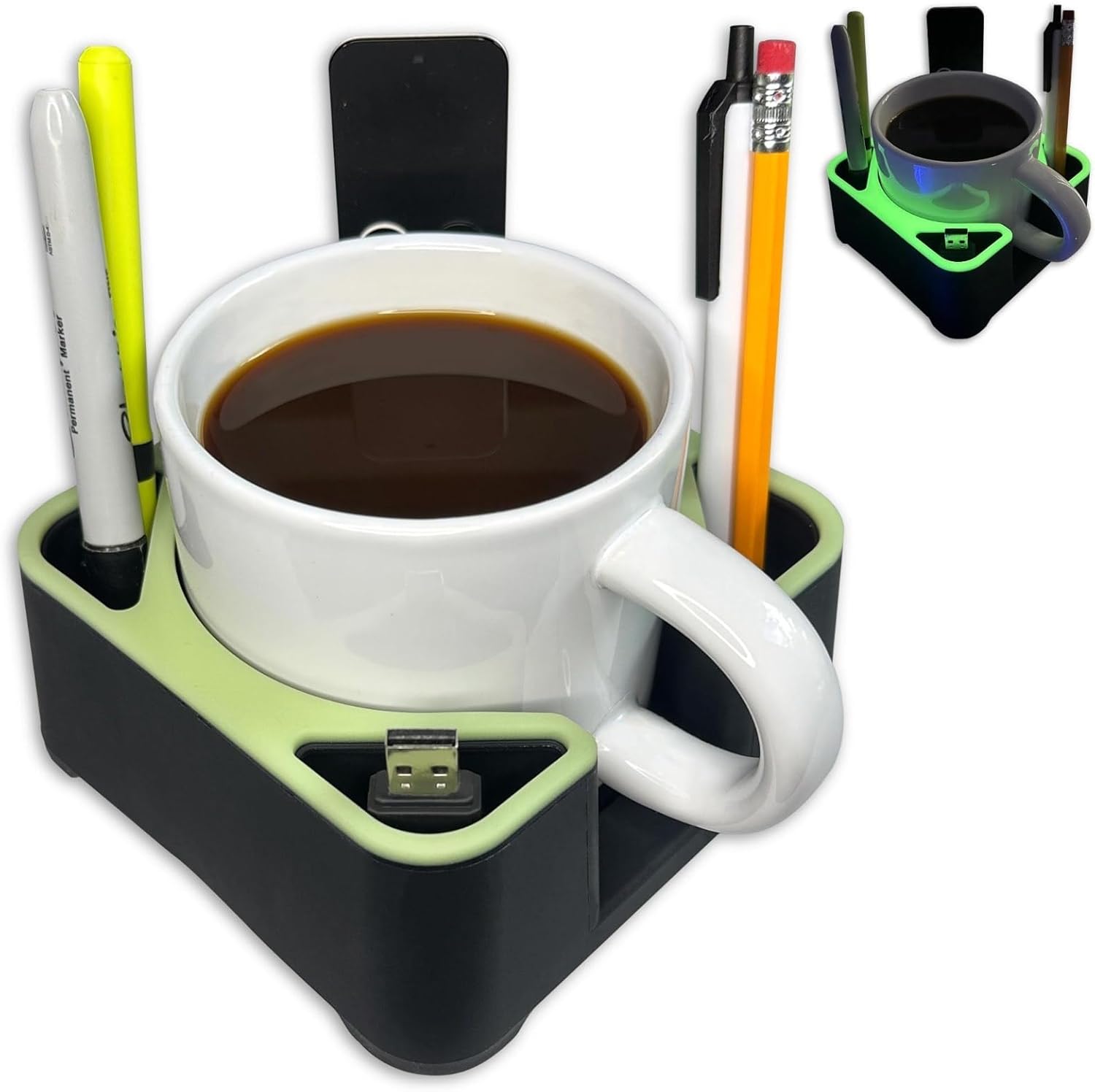 MugBrick Drink Holder for Couch, Bed, Car, Boat - Non-Spill Table and Desk Cup Holder, Tip Proof Spill Prevention Organizer, Black + Yellow Glow