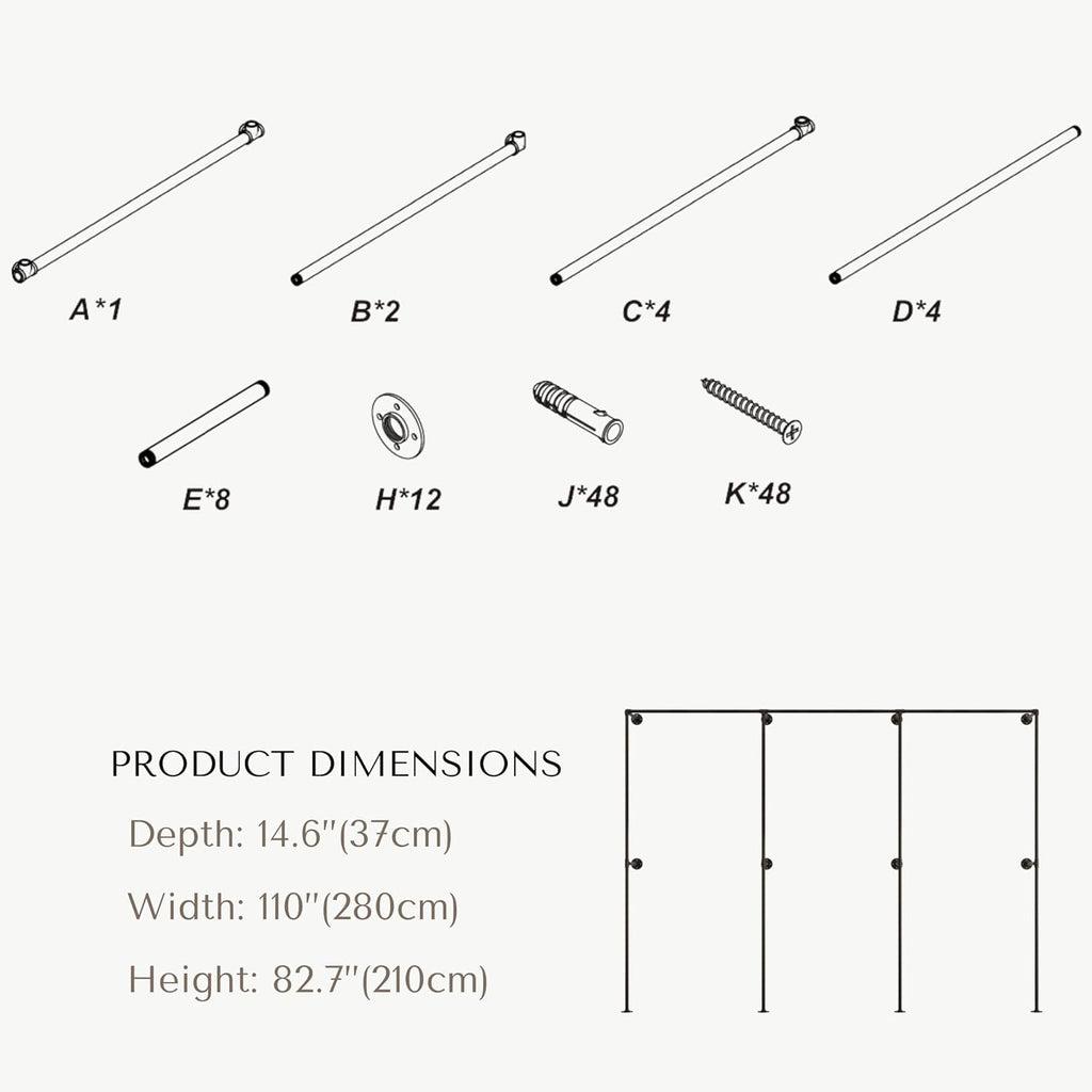 Industrial Pipe Clothing Rack, Heavy Duty Wall Mounted Clothes Rack, Retail Display Hanging Garment Rod for Laundry Rooms, Closet Storage 14.6x110x82.7 Inches, Model K07