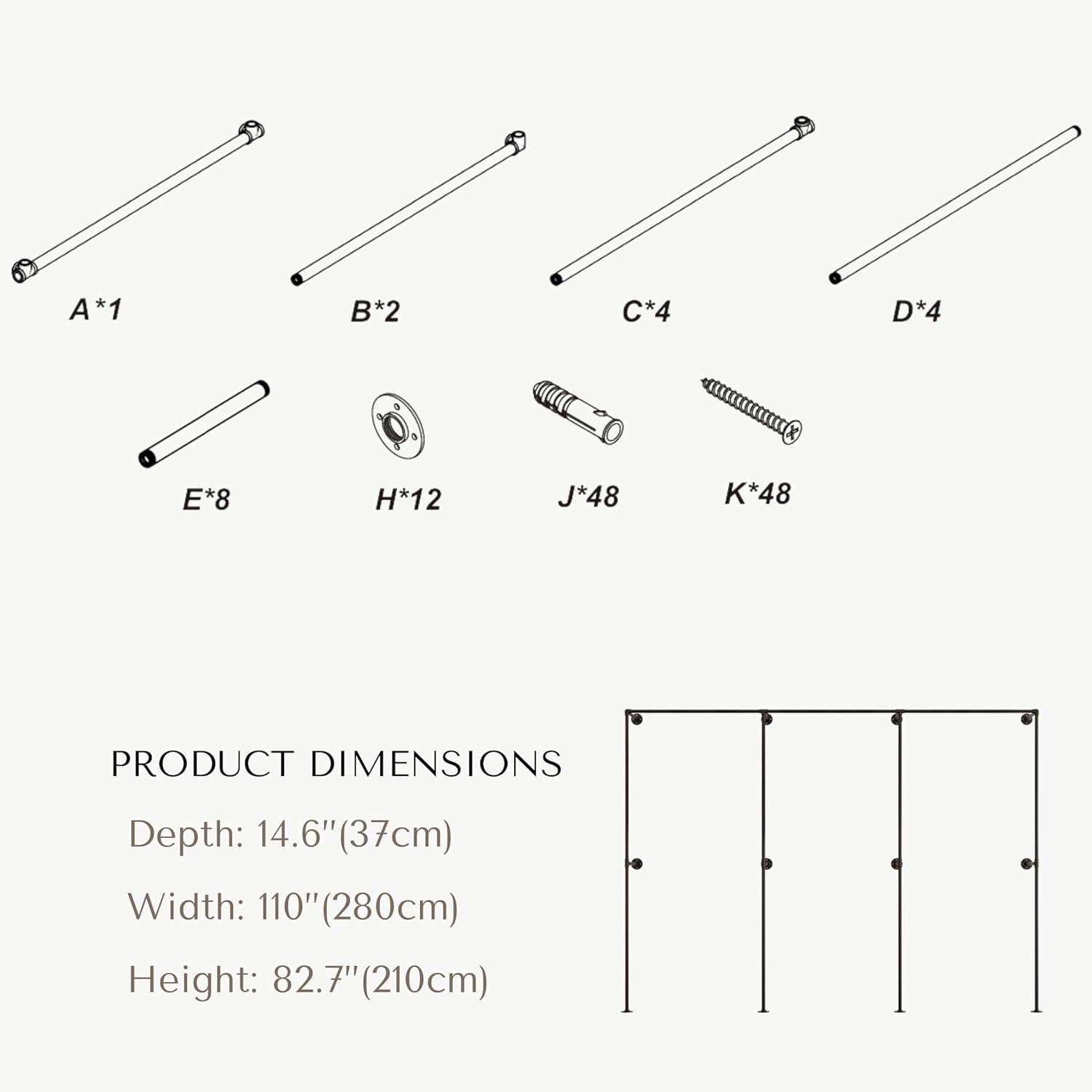 Industrial Pipe Clothing Rack, Heavy Duty Wall Mounted Clothes Rack, Retail Display Hanging Garment Rod for Laundry Rooms, Closet Storage 14.6x110x82.7 Inches, Model K07