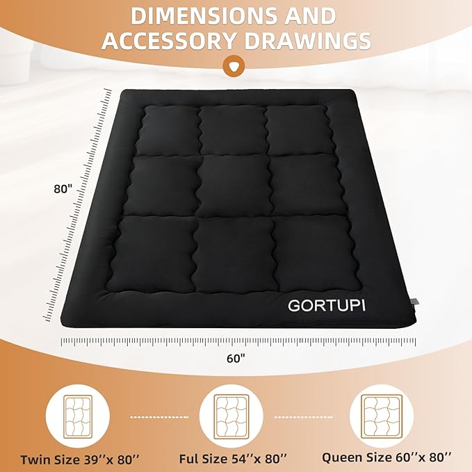 Queen Size Japanese Floor Futon Foldable Futon Mattress for Floor Tatami Mattress Portable Rollaway Bed for Guest Playmat for Kids Tatami Sleeping Pad Japanese Mattress for Adults Black A