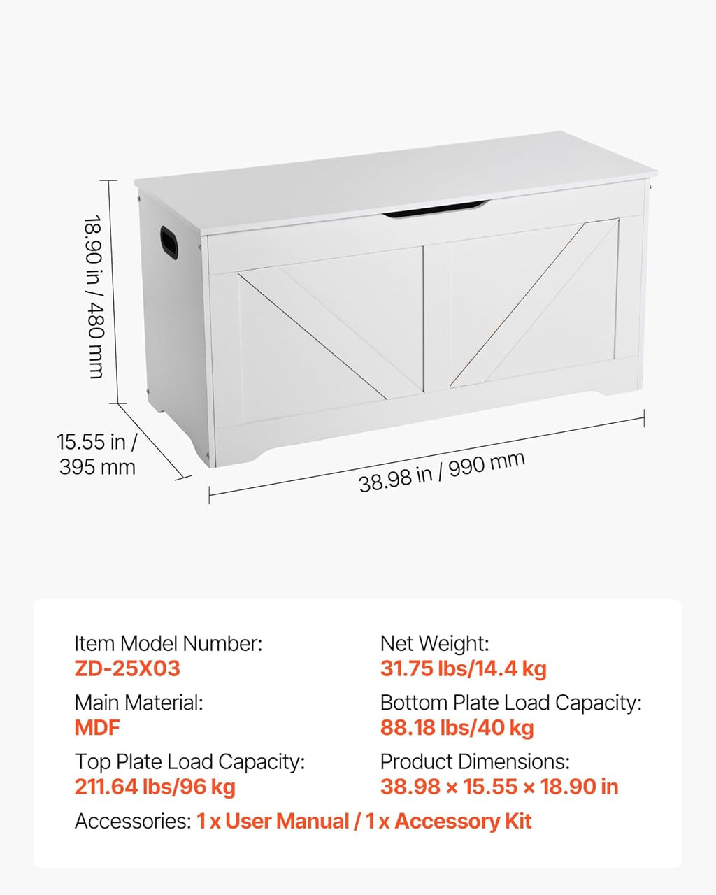 VEVOR Kids Storage Bench, Wooden Toy Box Chest, Large Storage Cabinet with Safety Hinge, Toddlers Storage Bench for Playroom, Living Room or Entryway, Easy Assembly, 38.98 x 15.55 x 18.9 in, White