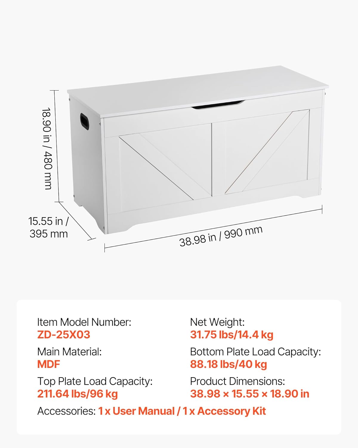 VEVOR Kids Storage Bench, Wooden Toy Box Chest, Large Storage Cabinet with Safety Hinge, Toddlers Storage Bench for Playroom, Living Room or Entryway, Easy Assembly, 38.98 x 15.55 x 18.9 in, White