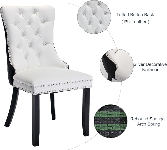 Dining Room Chairs Set of 4, Upholstered Tufted Dining Chairs with High Back, Nailhead Trim and Solid Wood Legs, Modern Dining Chair for Dining Room, White Pu Leather Splicing Black Velvet