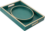 Leather Tray Desktop Storage Organizer, Decorative Tray Set, Green | Premium Serving Trays Valet Tray for Sundries Cosmetics Phone Wallet Cutlery, Set of 2, Green Holder with Disc