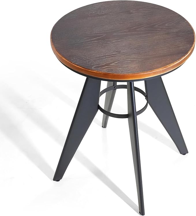 Round Cafe Table - 23.62" Pine Wood Top, Metal Frame, 28.15" High, Modern Industrial Dining Table for Kitchen, Home Office, Bistro, Compact for Space Saving, Black Base Brown Top