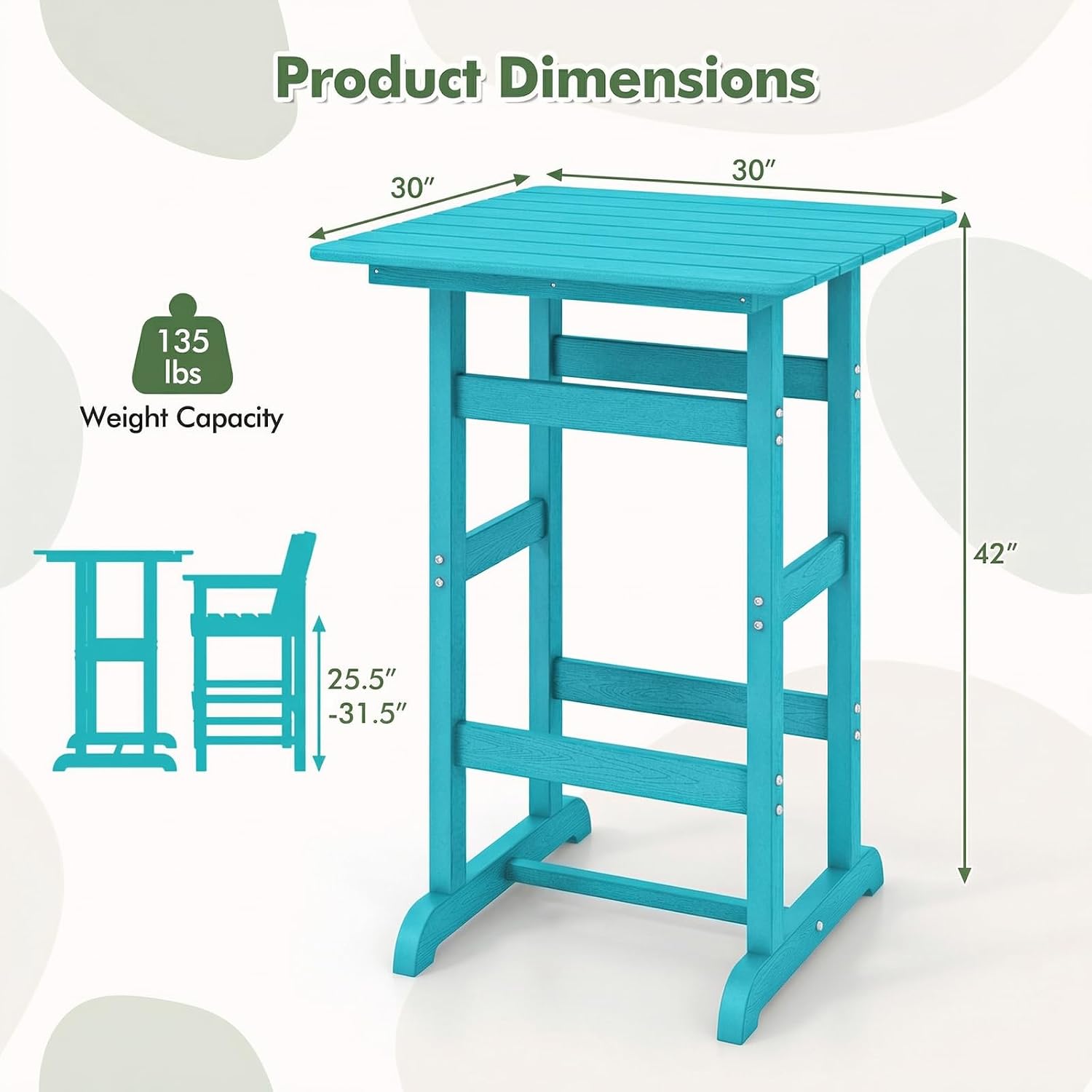 Giantex 42" Height Outdoor Tall Bar Table, HDPE Square Pub Table with Wood Grains, Cocktail High Top Tables for Adirondack Chairs, Patio, Bistro, Garden, Poolside, Yard, Balcony, Turquoise