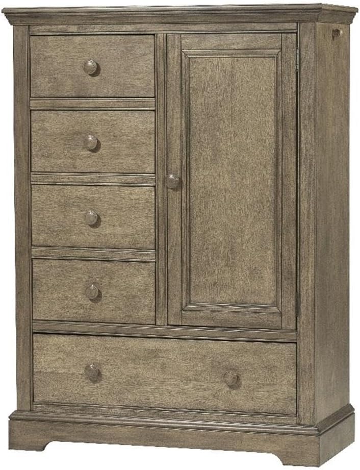 Pemberly Row Traditional Solid Hardwood Chifferobe, 42" W x 18.75" D x 56.75" H, Cashew Finish, 5 Drawers, Wardrobe-Style Storage, Clean Lines for Bedroom or Closet Organization