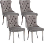 Dining Room Chairs Set of 4, Velvet Upholstered Dining Chairs with Back Ring Pull Trim and Sliver Stainless Steel Legs,Modern Dining Chair Perfect for Dining Room,Kitchen(Grey)