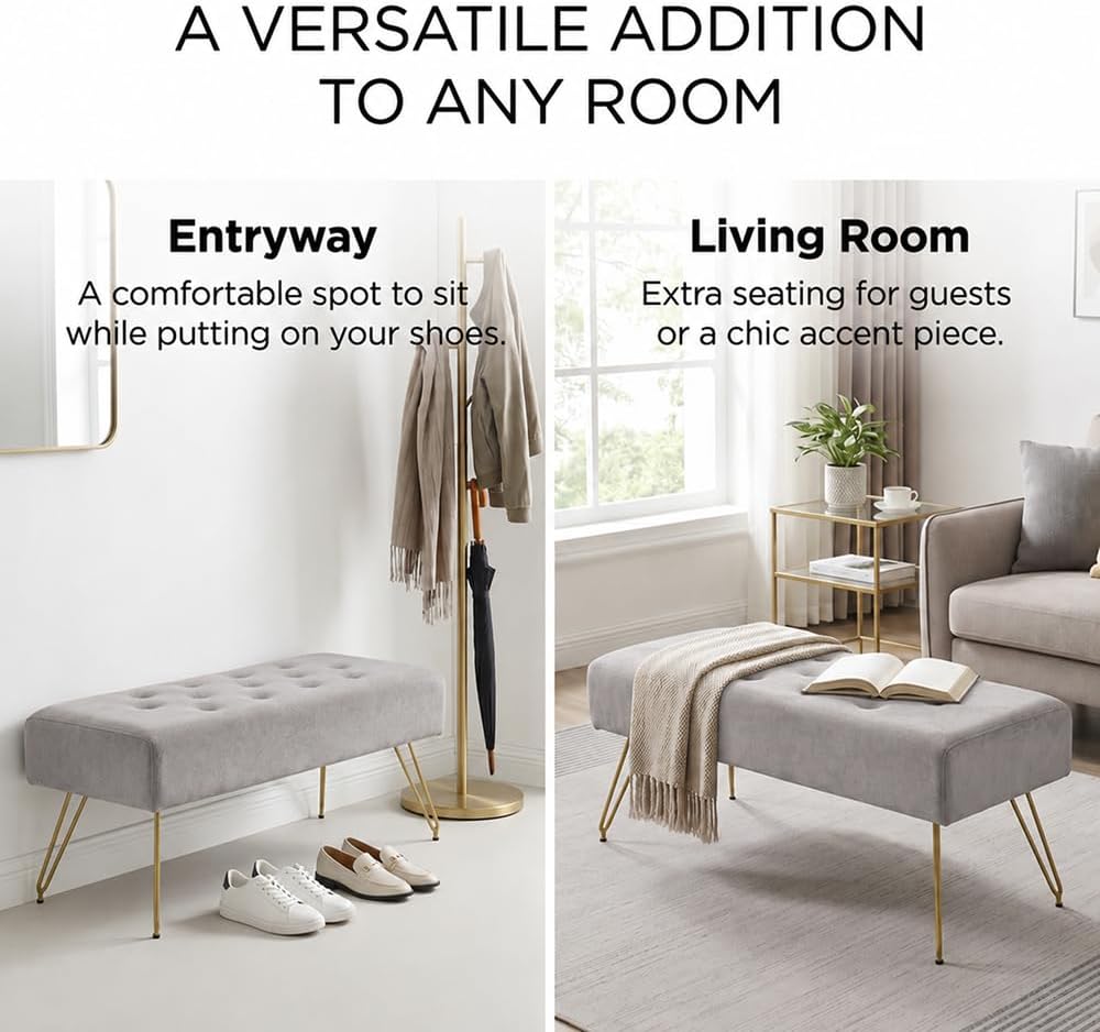 Velvet Button-Tufted Entryway Bench, 39.37" Modern Upholstered Bedroom B...