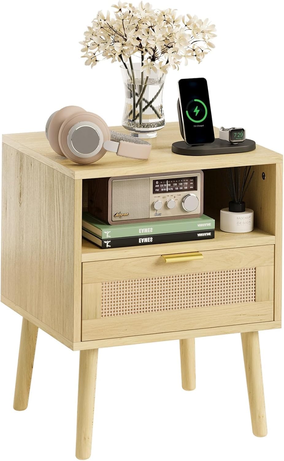 Smart Rattan Nightstand, Boho Side Table with Drawer Open Shelf, Wood Accent ...