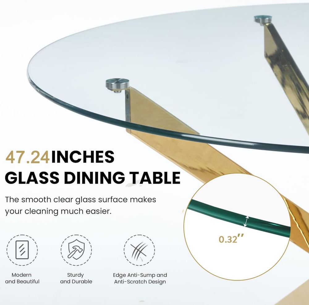47.2'' Round Glass Dining Table for 4, Glass Round Dining Room Table ...