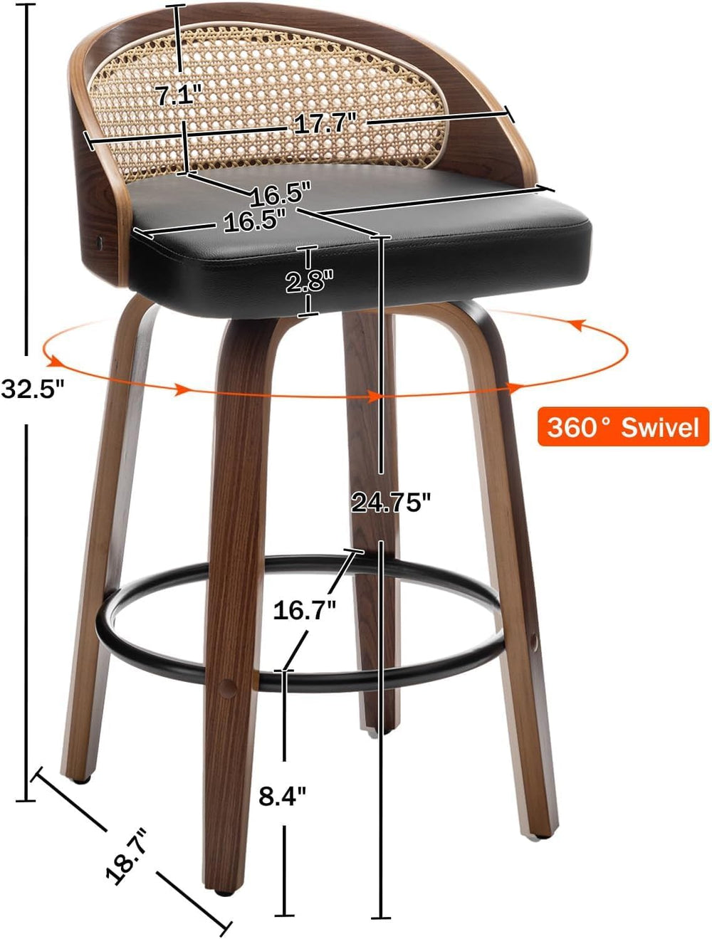 Swivel Rattan Bar Stools Set of 3 with Back,Black Leather barstool chairs