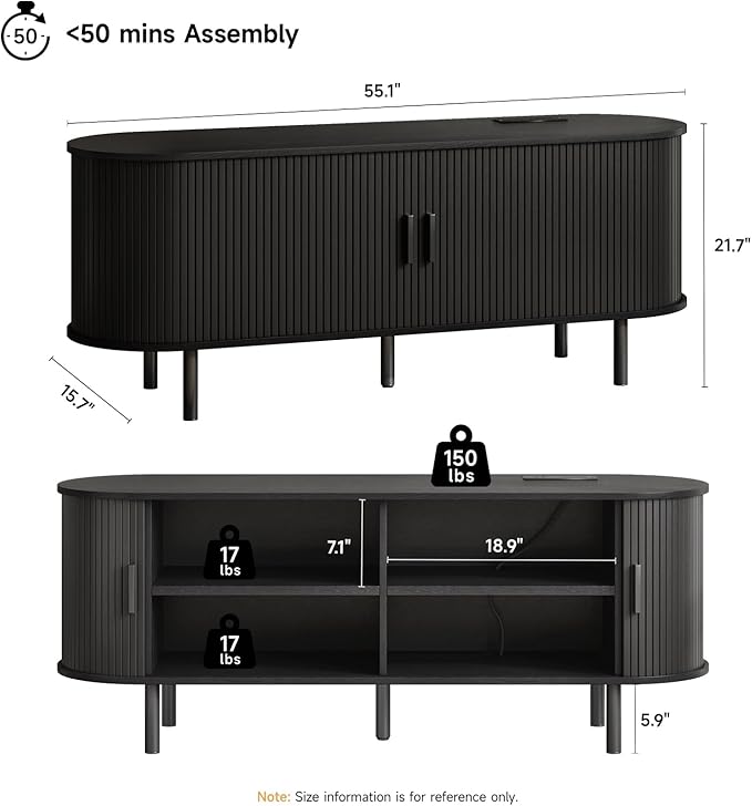 ONBRILL 55" TV Stand with Power Outlet for TVs up to 60 Inch, Entertainment Center with Storage and Adjustable Shelves, Modern Media Console with Sliding Doors for Living Room, Black