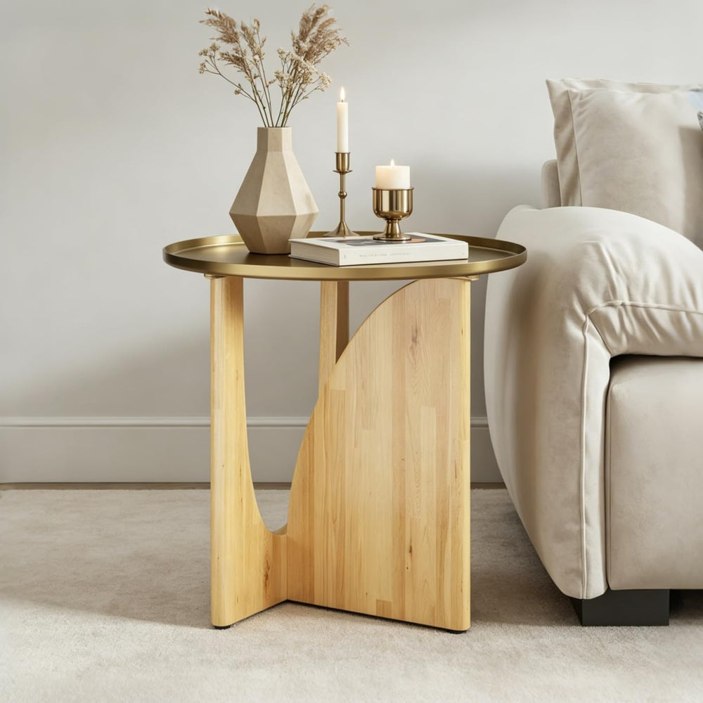 ACEDÉCOR Round Side Table, Solid Wood End Table with Brushed Gold Metal Tray ...