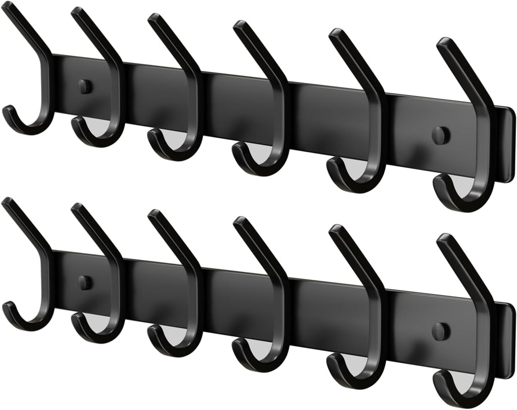 Coat Rack Wall Mount Hooks - 15 Inch Matte Black Metal 6-Hook Organizer Wall Mounted, Modern Kids Room, Entryway & Bathroom Hanger for Beach Towels, Coats, Purses, Bags (2 Pack)