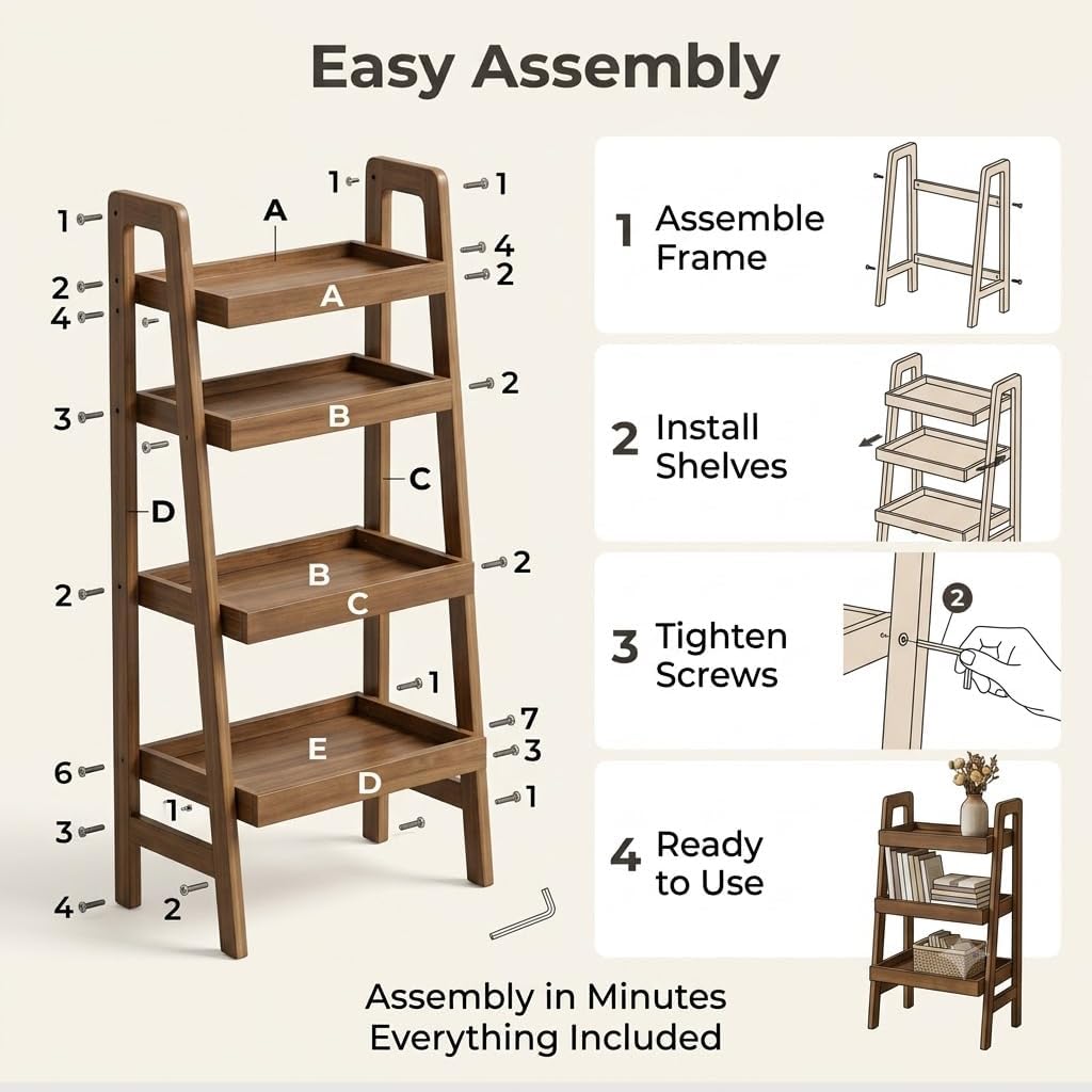 100% Solid Wood 3 Tier Ladder Shelf, Freestanding Small Ladder Bookshelf with Open Storage, Space-Saving Bookcase and Side Table for Living Room, Bedroom, Home Office, Walnut Finish