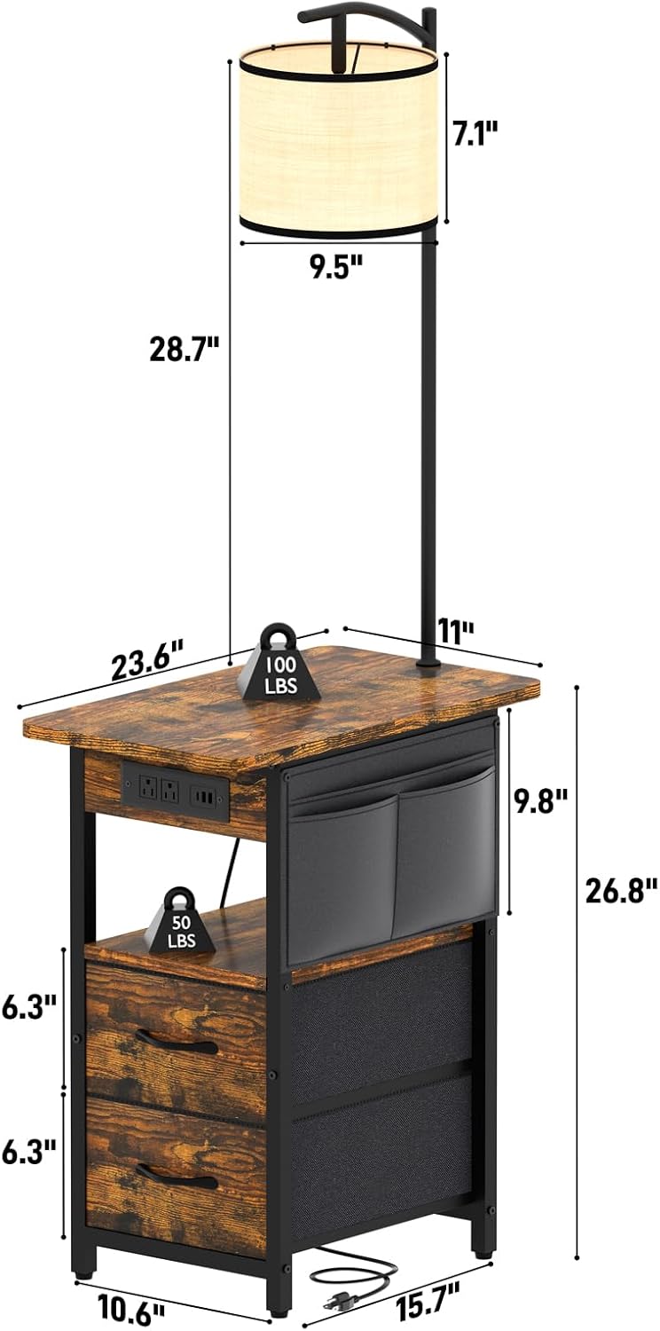 Floor Lamp with Table, Nightstand with Lamp, 2 Drawers, Charging Station
