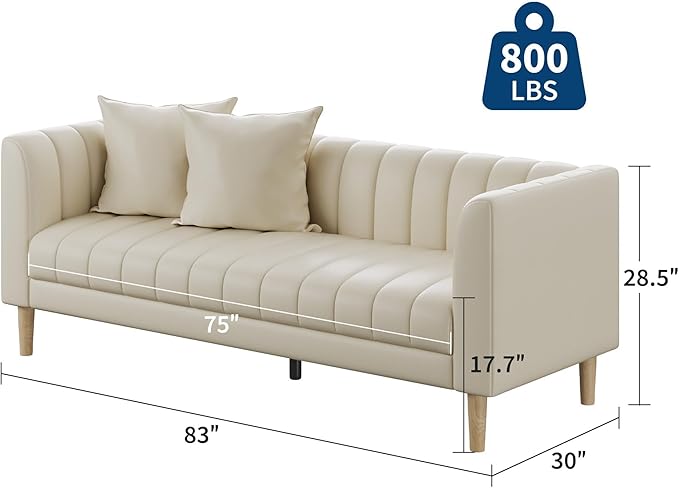 IDEALHOUSE 83" W Faux Leather Sofa Couch for Living Room, Modern 3 Seater Sofa Couch with Deep Seats, 2 Throw Pillows and Wood Legs, for Small Space, Bedroom, Apartment, Home Office, Beige